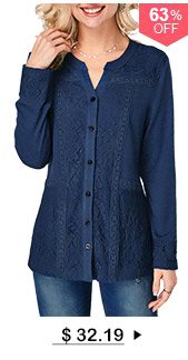 Button Up Long Sleeve Lace Panel Blouse