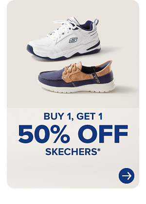 Two Skechers shoes. Buy one, get one 50% off Skechers.