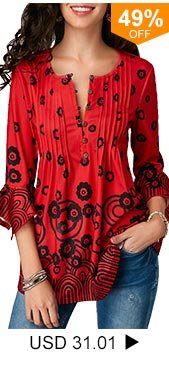 Button Detail Pleated Printed Red Blouse