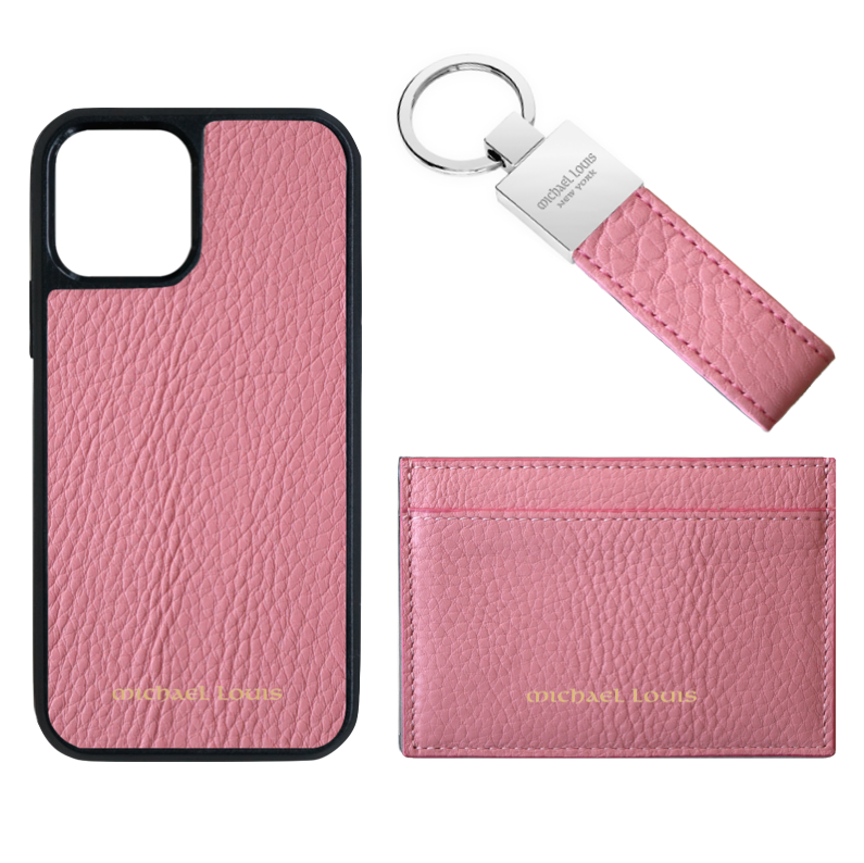 Image of Pink Pebbled Leather Card Holder Set
