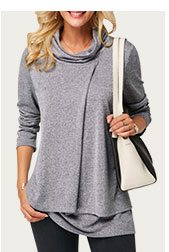 Cowl Neck Long Sleeve Layered Grey T Shirt