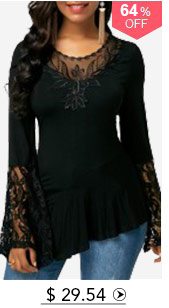 Flare Sleeve Asymmetric Hem Lace Patchwork Blouse