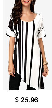 Scoop Neck Short Sleeve Striped Asymmetric Hem Blouse