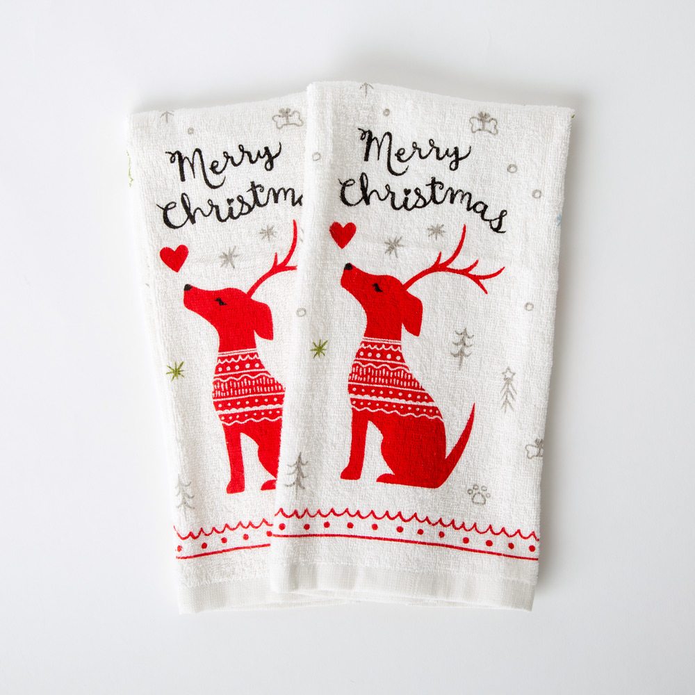 Image of Reindeer Dog Merry Christmas Kitchen Towels (Set of 2)