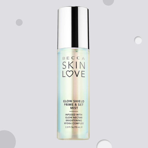 Becca Skin Love Glow Shield Prime & Set Mist on a fun background