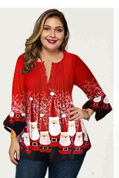 Plus Size Christmas Print Crinkle Chest Blouse