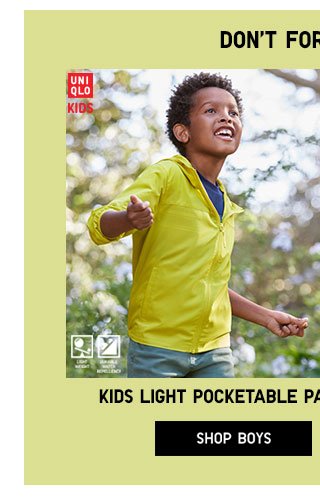 KIDS LIGHT POCKETABLE PARKA - NOW $19.90 - SHOP BOYS