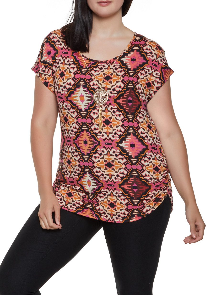 Plus Size Printed Top with Necklace