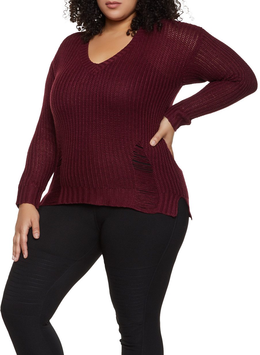 Plus Size Distressed V Neck Sweater