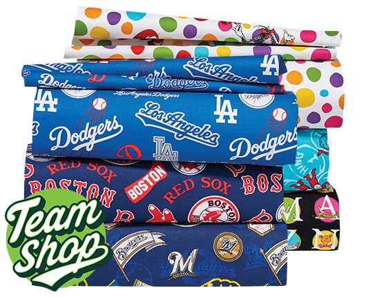 image of Licensed Character Fabrics and No-Sew Throw Kits and Team Shop.