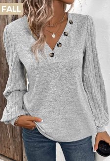 ROTITA Patchwork Light Grey V Neck Long Sleeve Sweatshirt