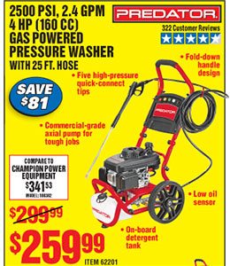  2500 PSI, 2.4 GPM, 4 HP (160cc) Pressure Washer EPA/CARB 