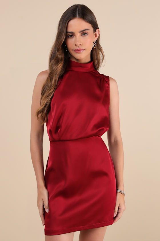 Image of Classic Elegance Wine Red Satin Sleeveless Mock Neck Mini Dress