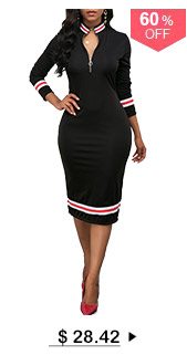 Striped Hem Zipper Front Black Sheath Dress