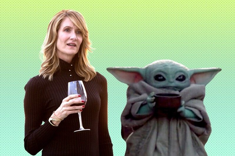 Collage of Laura Dern holding a wine glass and Baby Yoda holding a cup