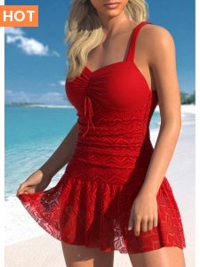 ROTITA Lace Red Ruched One Piece Swimwear