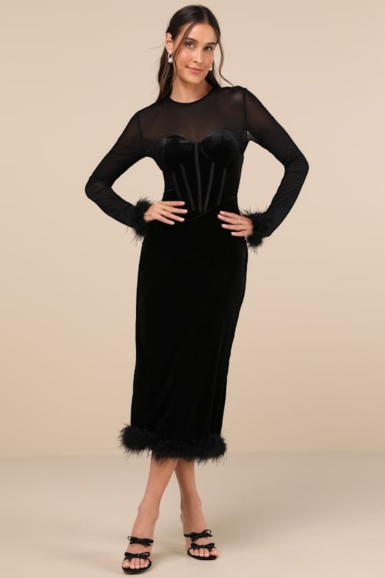 Image of Sensational Situation Black Velvet Feather Bustier Midi Dress