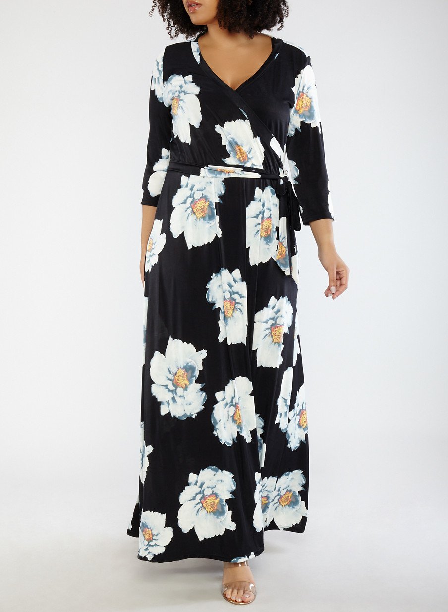 Plus Size Floral Faux Wrap Maxi Dress