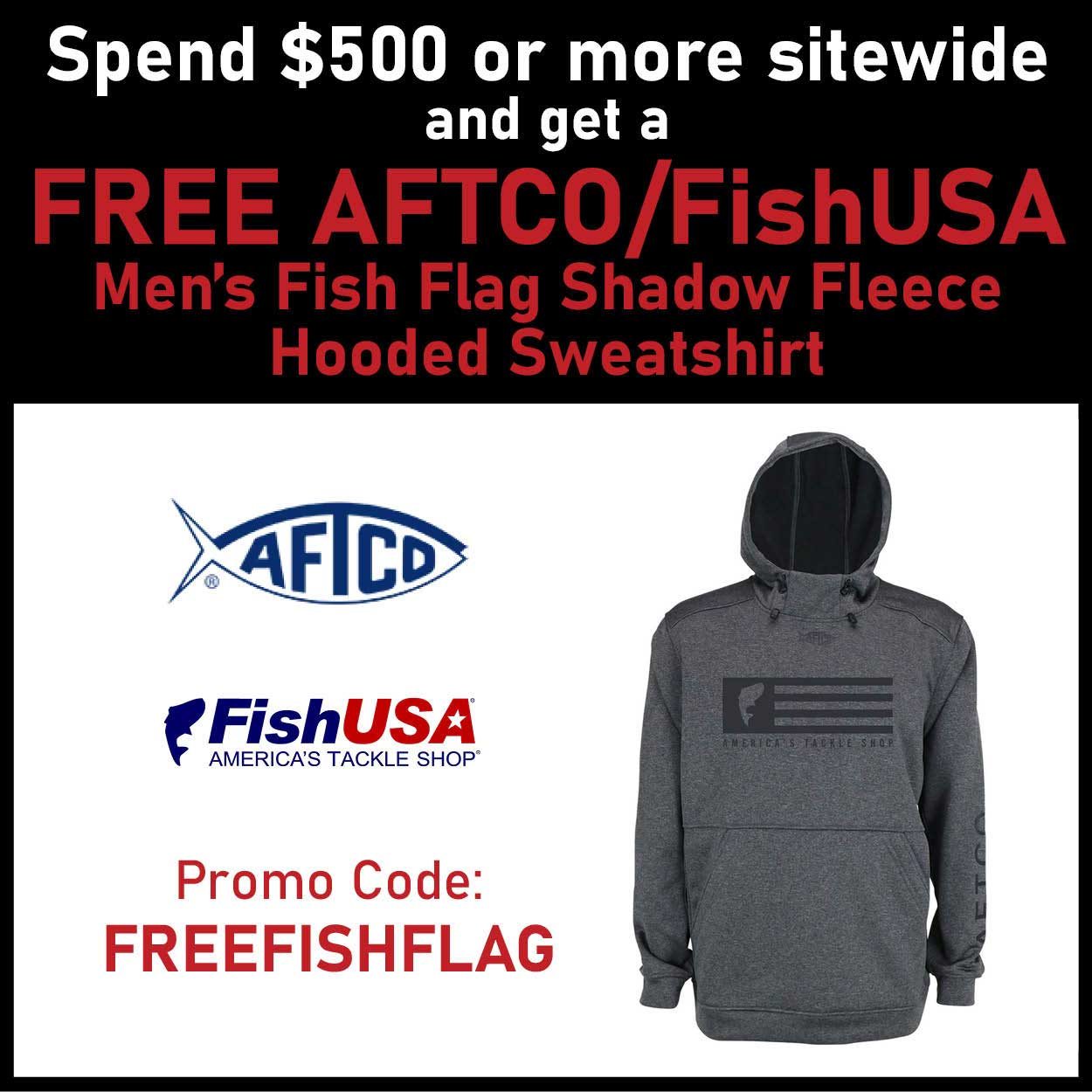Get a Free AFTCO FishUSA Men's Fish Flag Shadow Fleece Hooded Sweatshirt with today's sitewide purchase of $500 or more! Promo Code: FREEFISHFLAG