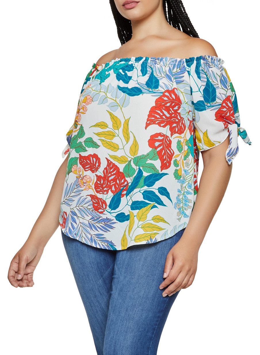 Plus Size Off the Shoulder Leaf Print Top