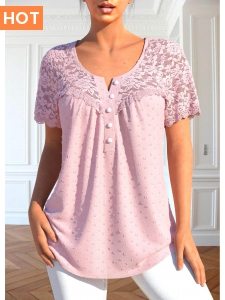 ROTITA Patchwork Light Pink Round Neck Short Sleeve Blouse