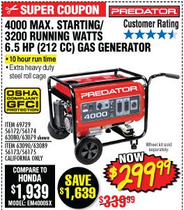 View 4000 Max Starting/3200 Running Watts, 6.5 HP (212cc) Generator EPA III with GFCI Outlet Protection