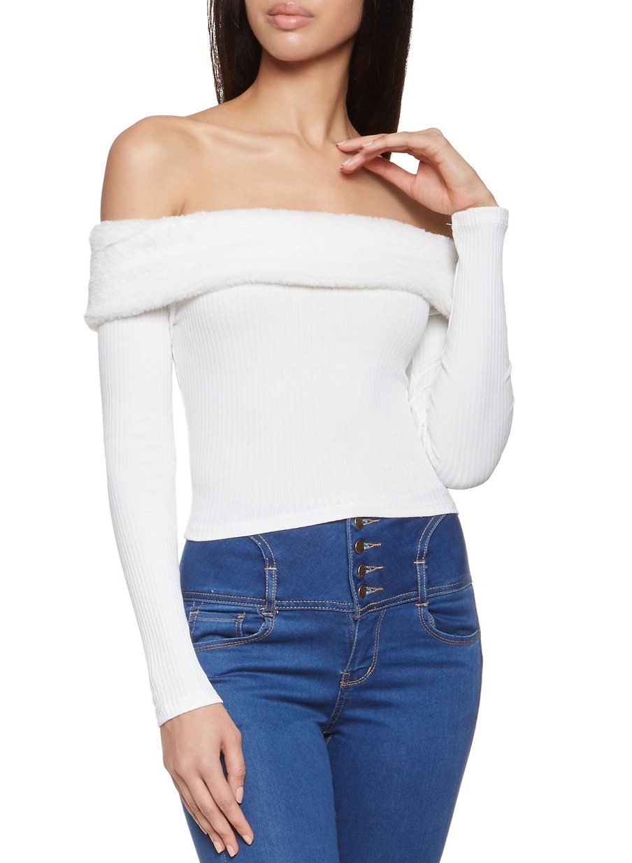 Faux Fur Trim Off the Shoulder Crop Top