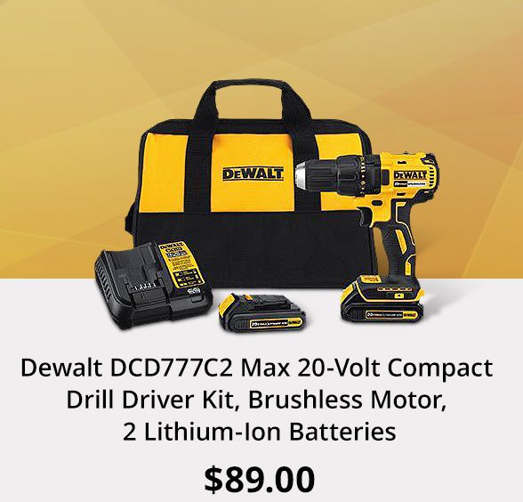 Dewalt DCD777C2 Max 20-Volt Compact Drill Driver Kit, Brushless Motor, 2 Lithium-Ion Batteries
