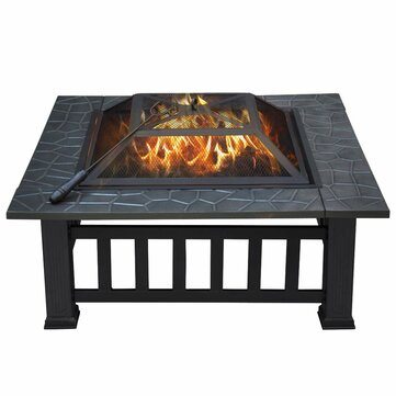 Kingso 32 Inch Fire Pit Square Steel Wood Burning Large Firepits with Waterproof Cover Spark Screen Log Grate Poker