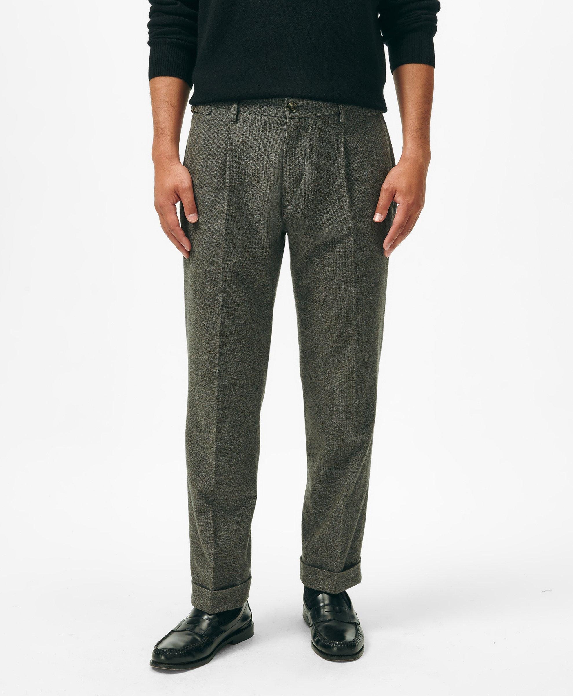 Pleated Side-Tab Pants in Mini-Houndstooth Cotton Blend