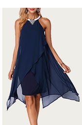 Embellished Neck Asymmetric Hem Chiffon Overlay Dress