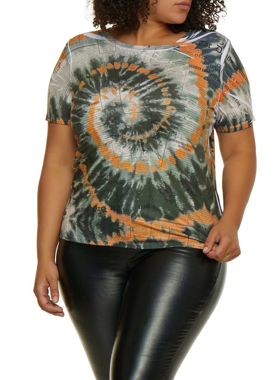 Plus Size Tie Dye Newspaper Print Tee