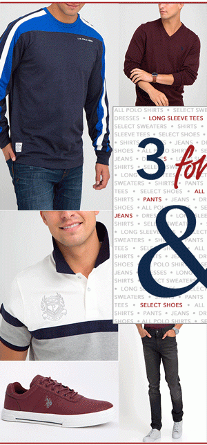 3 For $60 Mix & Match. All Polo Shirts, Pants, Long Sleeve Tees, Shirts, Select Shoes, Select Sweaters, Jeans & Pants, Dresses. Shop Now