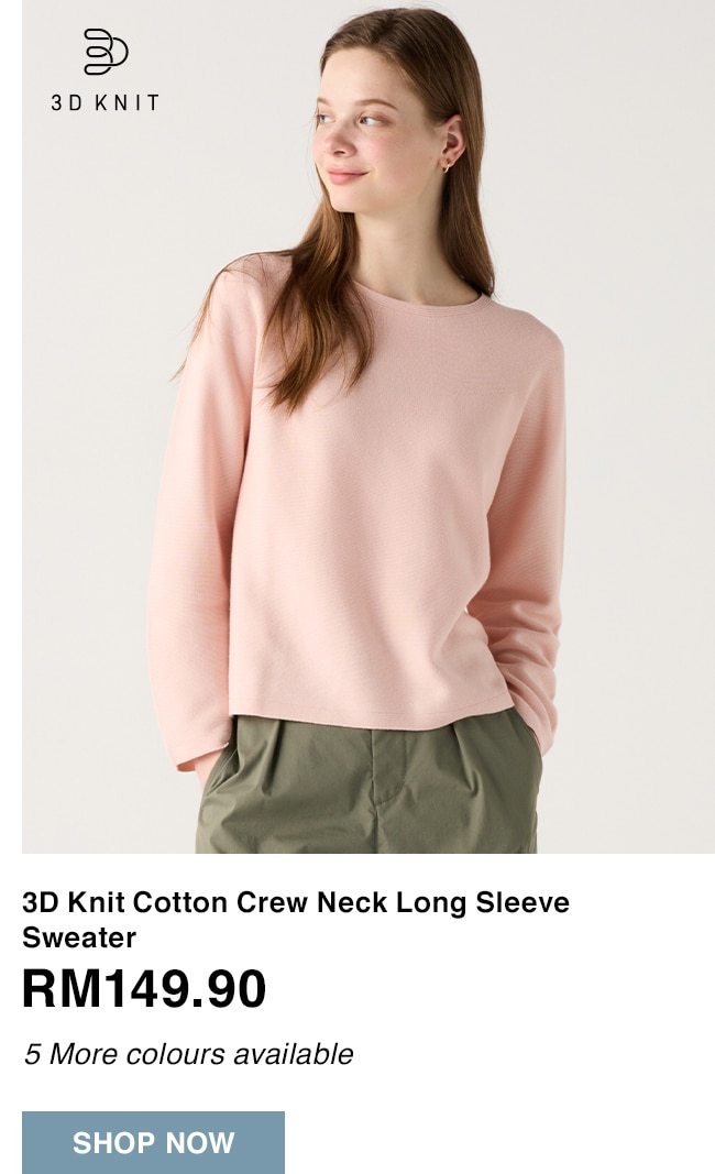 3D Knit Cotton Crew Neck Long Sleeve Sweater