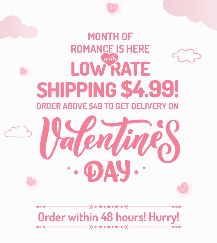 Order over $49 and get low rate shipping of $4.99 with delivery on Valentine’s Day