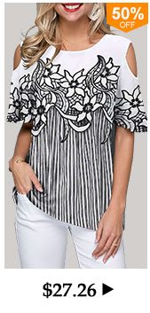 Flower Print Cold Shoulder Striped Blouse