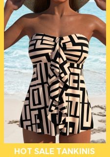 ROTITA Ruffle Light Coffee Geometric Print Tankini Top