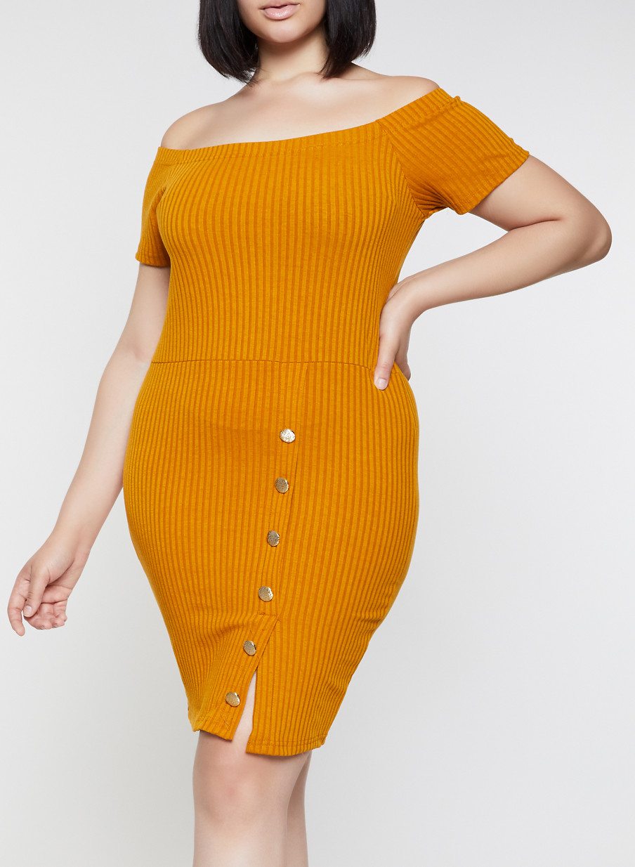 Plus Size Off the Shoulder Button Detail Dress