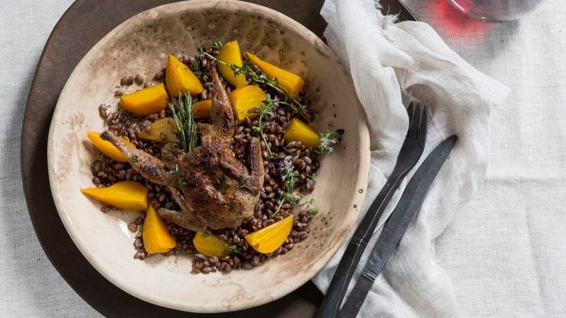 Sautéed Quail with Black Barley, Beets, and Fig Sauce