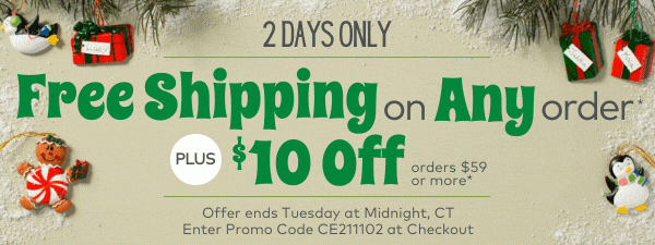 2 Days Only! Free Shipping on ANY Order*, PLUS $10 off on orders $59 or more*