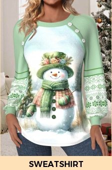 ROTITA Christmas Patchwork Light Green Round Neck Long Sleeve Sweatshirt