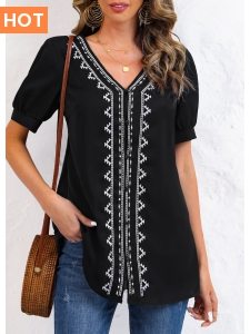 ROTITA Embroidery Tribal Print Black V Neck Blouse