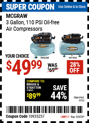 3 Gallon 1 3 HP 110 PSI Oil Free Pancake Air Compressor