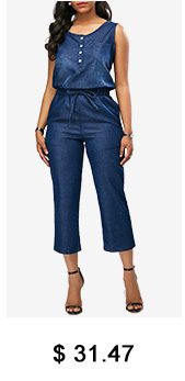 Button Detail Drawstring Waist Sleeveless Denim Jumpsuit