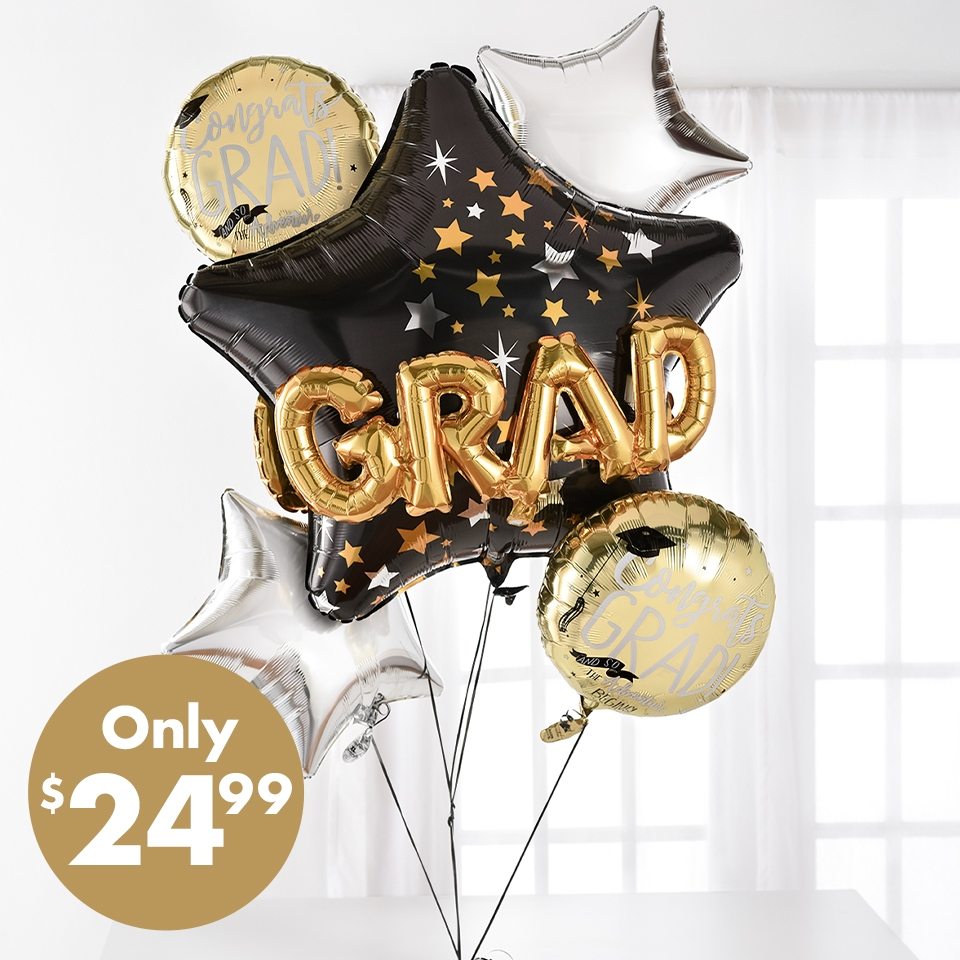 Black, Silver & Gold Grad Star Balloon Bouquet | SHOP NOW