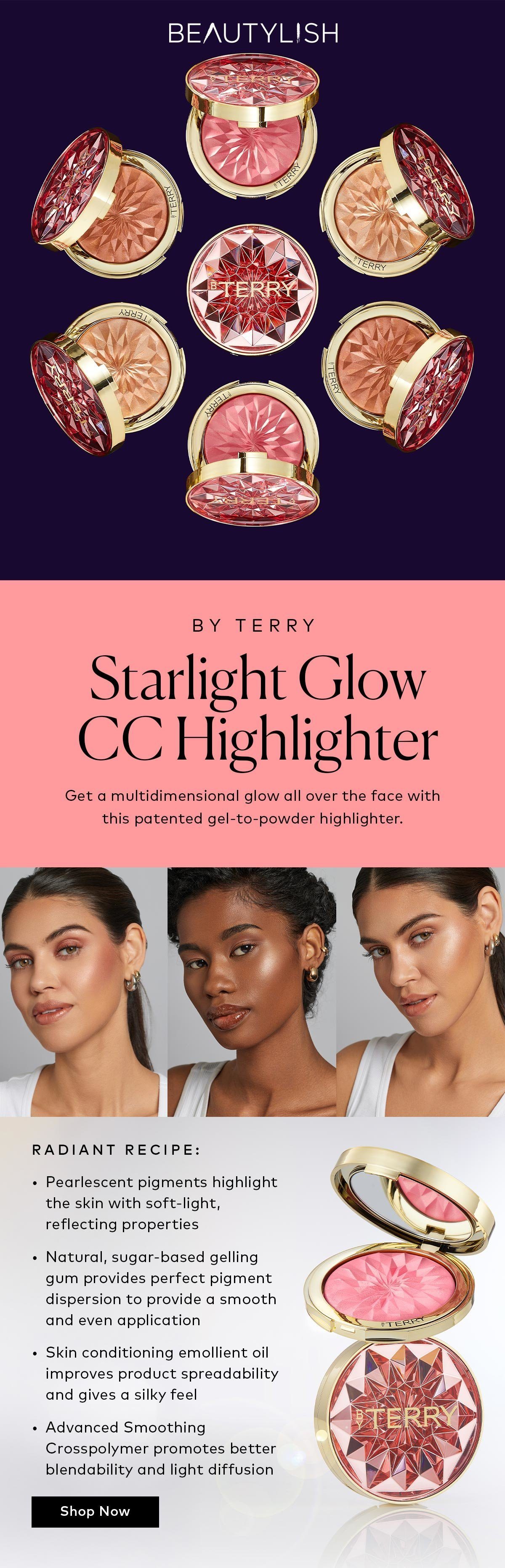 Get a multidimensional glow all over the face with this patented gel-to-powder highlighter. Shop the BY TERRY Starlight Glow CC Highlighter at Beautylish.com