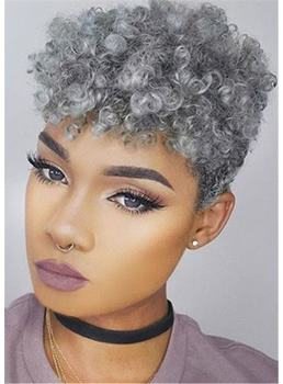 Gray Pixie Afro Kinky Curly Short Human Hair Capless Cap Wigs