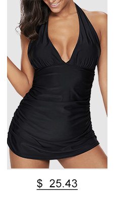 Ruched Halter Neck Black Tankini Set