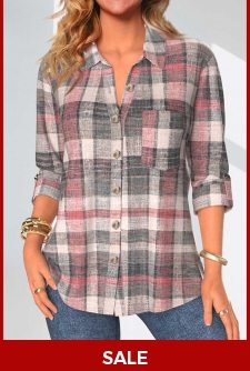 ROTITA Button Plaid Coral Shirt Collar 3/4 Sleeve Blouse