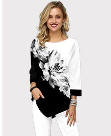 Asymmetric Hem Flower Print Three Quarter Sleeve T Shirt 